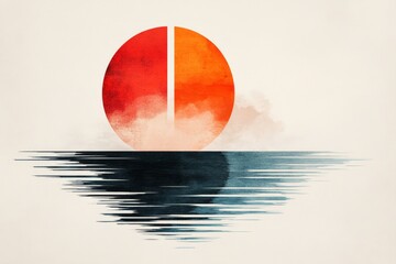 Aufkleber - A simple geometric design of a rising sun over a calm horizon, rendered in pastel hues of yellow, orange, and blue