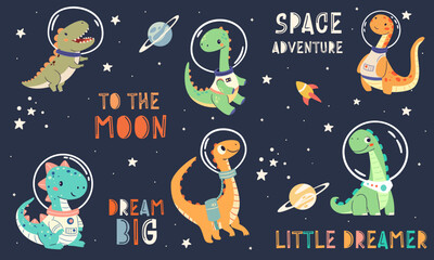 Wall Mural - Set of flat vector illustrations in children's simple style. Cute dinosaurs in spacesuits flying in space, space lettering. Vector illustration