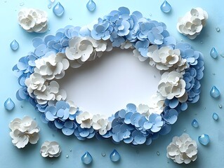 Poster - Blank Cloud Shaped Sign with Soft Blue Edges and Raindrop on White Background