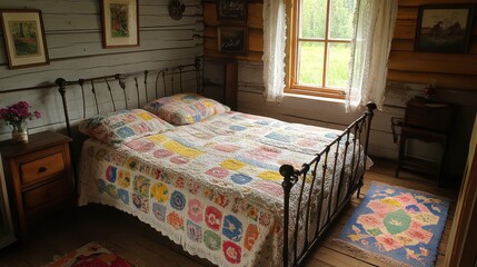 Canvas Print - Cozy Rustic Bedroom in a Log Cabin with Vintage Quilt