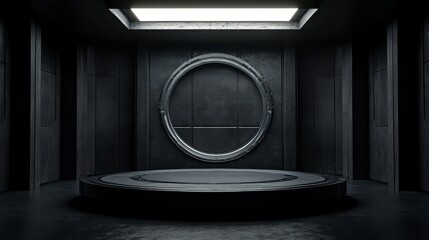 Wall Mural - Dark Industrial Room with Circular Metal Platform and Textured Walls