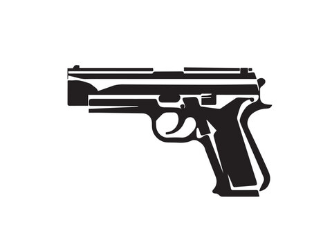 Gun silhouette icon. Pistol silhouette.  Black handgun symbol. Vector shape isolated on white background. Vector illustration. 