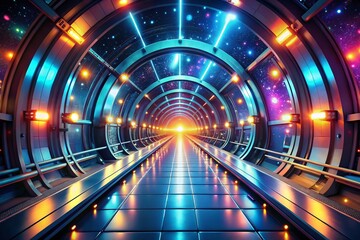 Poster - Futuristic Sci-Fi Tunnel, Light Corridor, Bokeh Background, Modern 3D Render, Abstract