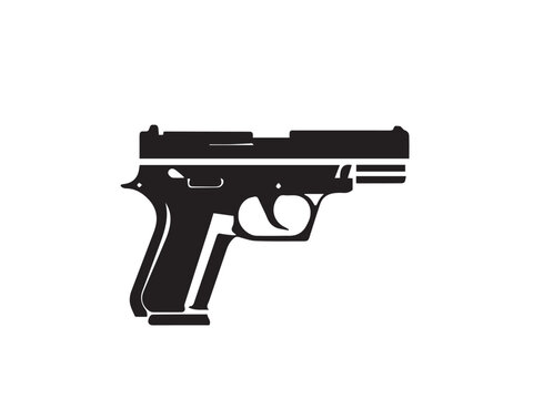 Gun silhouette icon. Pistol silhouette.  Black handgun symbol. Vector shape isolated on white background. Vector illustration. 