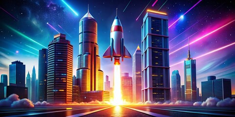 Poster - Futuristic Startup Rocket Launch: Neon Cityscape Background - Stock Photo