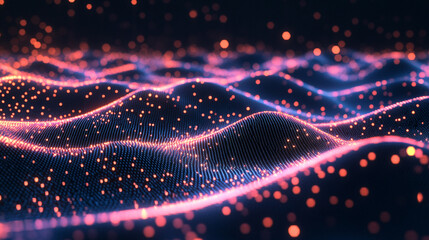Poster - Colorful abstract landscape of glowing dots and waves in a digital universe at night