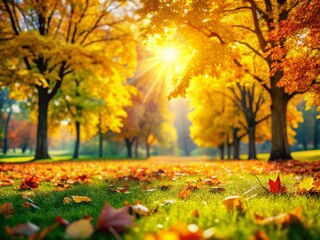 Wall Mural - Golden Autumn Park Landscape: Sunlit Yellow Trees, Colorful Foliage, Falling Leaves, Bokeh Effect