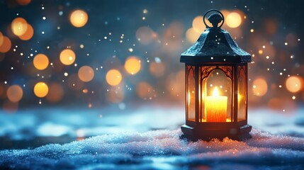 Canvas Print - Glowing Lantern in Snowy Winter Night