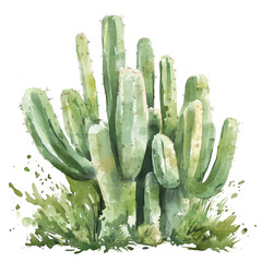 Aufkleber - A watercolor painting depicts a cluster of tall, slender green cacti surrounded by painted greenery against a white background.
