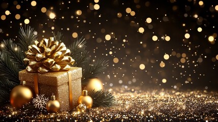 Canvas Print - Golden Christmas Gift with Festive Decorations and Sparkling Lights