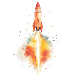 Aufkleber - A watercolor painting depicts a retro-style rocket ship launching into space leaving a vibrant trail.