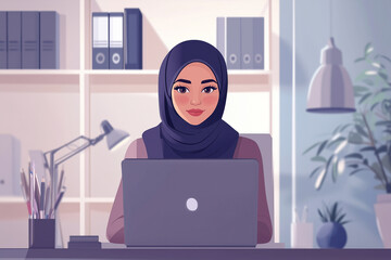 Poster - woman wearing a black head scarf sits at a desk with a laptop. Concept of focus and determination as the woman works on her computer. The room is well-organized, with a potted plant