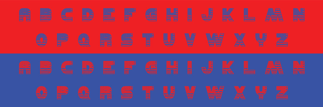 Custom US America style lettering font alphabet set. Vector stock illustration can be used in logo or any purpose. Colors can be easily editable and saved in EPS 10
