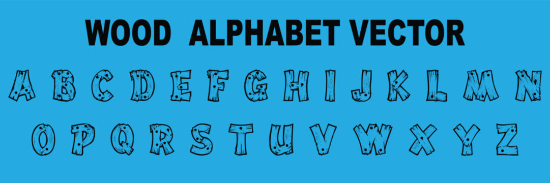 Custom wood style lettering font alphabet set. Vector stock illustration can be used in logo or any purpose. Colors can be easily editable and saved in EPS 10