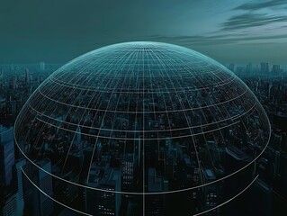 Poster - Grid line dome 3d over the city. Concept of the system of city defense system against air attacks. Circular light glow streaming out of skyscraper



