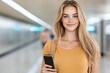 © jr-art - A woman with blonde hair and a yellow shirt is holding a cell phone