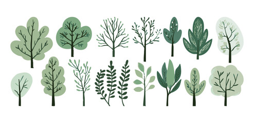 Wall Mural - Set of tree and leaf collection hand drawn flat design vector element. botanical set of bare trees and ones with leaves and lush green