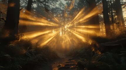 Poster - Magical Forest Path With Golden Sunlight Rays At Dawn