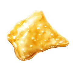 Poster - A close-up image shows a single droplet of golden honey with a glossy texture, spilled and unevenly shaped against a black background.