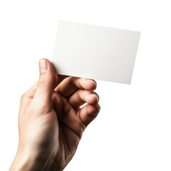 Poster - A close-up image shows a hand gently holding a blank white card against a plain white background.