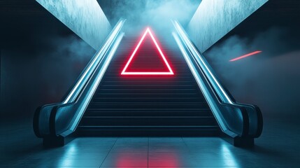 Poster - Mysterious Glowing Triangle on a Futuristic Escalator in a Dark Tunnel