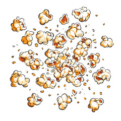 Aufkleber - The image shows a cartoon illustration of many popcorn pieces scattered and floating in the air against a white background.