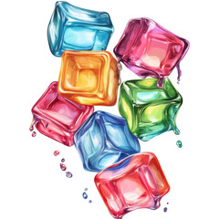 Poster - A digital illustration showing several colorful translucent cubes falling and dripping liquid against a white background.