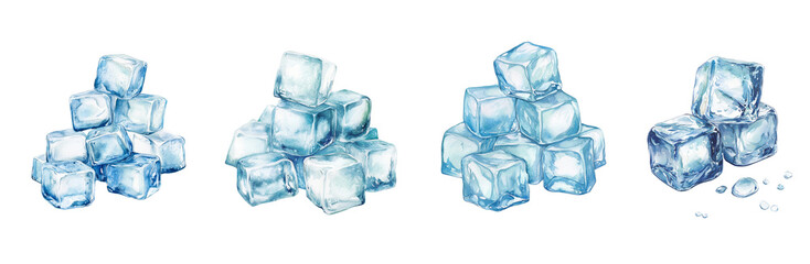 Poster - A watercolor painting showcases four different stacks of ice cubes, exhibiting varying sizes and arrangements against a black backdrop.