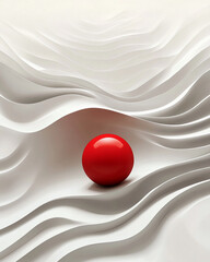 Poster - Red sphere on white wavy textured surface, minimalistic abstract composition