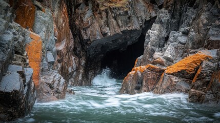 Sticker - Ocean Waves Crashing Against Rocky Cave Entrance