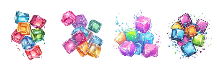 Poster - The image showcases four groups of colorful translucent ice cubes in dynamic poses with water splashes, creating a visually appealing and refreshing scene.