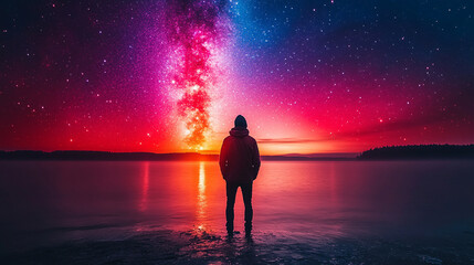 a back view silhouette of a man in a space concept background, highlighting the universe, astronomy,