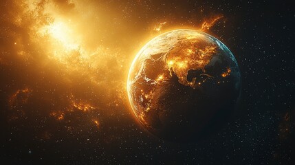 Wall Mural - Burning planet Earth in space with bright sun.