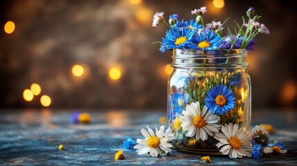 Canvas Print - Rustic Arrangement Of Blue And White Wildflowers In A Jar