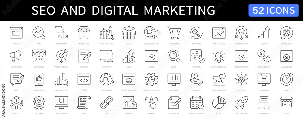 SEO and Digital marketing thin line icon set. Search engine ...