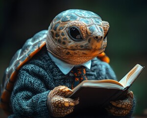 Poster - Turtle Head in Academic Attire Studying Textbook in Peaceful Classroom