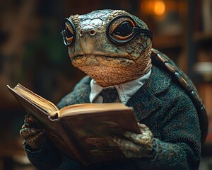 Poster - A Curious Turtle s Head Emerging from a Scholarly Figure in a Peaceful Classroom Setting