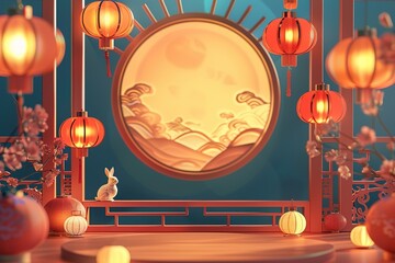 Poster - hyper realistic detailed, and blank banner template with text , Mid Autumn Festival , hyper smooth render, banner without text, rule of thirds Intricate 