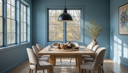 A charming dining area features a rustic wooden table surrounded by plush chairs, illuminated by soft sunlight streaming through large windows. Lush greenery adds a warm touch