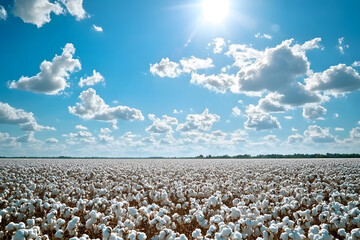 Wall Mural - Expansive cotton field under a bright blue sky with fluffy clouds