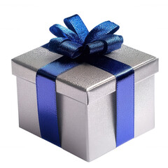 Wall Mural - Silver gift box with blue ribbon and bow for special occasions and celebrations