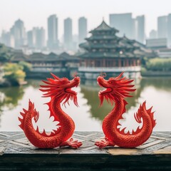 Two Vibrant Red Dragon Figurines Facing Each Other with Traditional Chinese Architecture Backdrop Scene