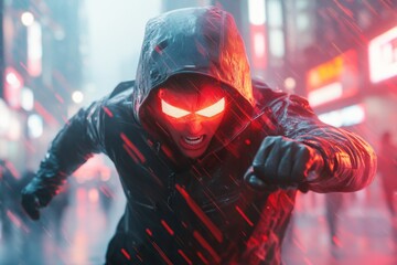 Poster - A cyberpunk cityscape with holographic billboards displaying an angry face, and a lone figure shouting in frustration in the glowing neon streets below