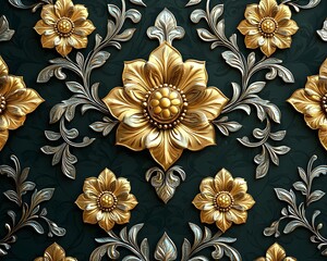 Poster - Glowing Thai Pattern with Intertwined Vines and Lotus Shapes in Silver and Gold on Dark Green Gradient