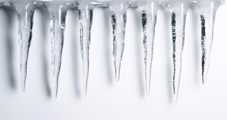 sharp, transparent icicles hanging down against a clean white backdrop, creating a minimalist winter