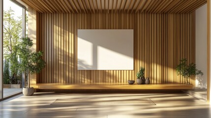 Canvas Print - Sunlit Minimalist Interior with Wooden Wall and Blank Canvas