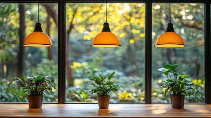 Canvas Print - Three Pendant Lamps and Potted Plants Near a Window with a Garden View