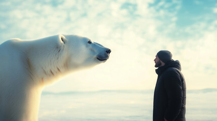 Wall Mural - distorted fisheye perspective revealing confrontation between human explorer and polar bear within e