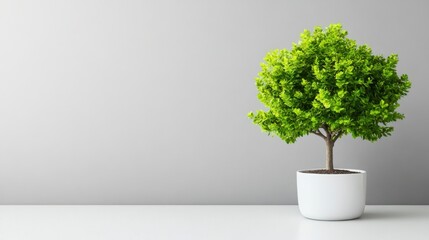 Wall Mural - Lush Green Tree in White Pot on Minimalist Table Against Soft Gray Background for Modern Decor