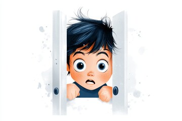 Aufkleber - A flat illustration of a child peeking from behind a door with a worried expression, using simple shapes and soft gradients on a white background